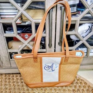 Thirty-One Monogrammed Tote Bag – Tan Diamond Weave with Aqua Lining, Letter “A”